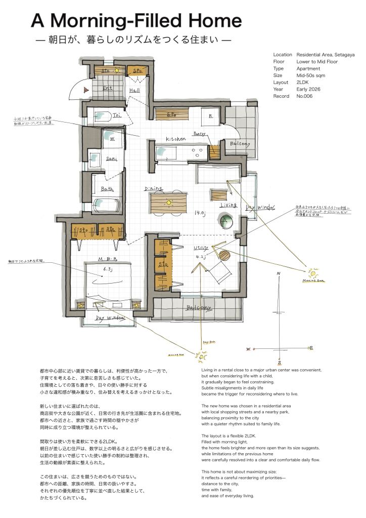 朝の光を起点に、住まいの使い方を描き直した手描きの平面図。完成後の暮らしのリズムを想定して整理された、2LDK住戸の記録。