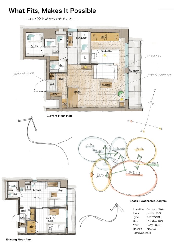 Hand-drawn floor plan and spatial notes